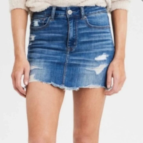 AMERICAN EAGLE Denim Mini Skirt Blue MidWash Distressed Button Fly Western S - Picture 1 of 11